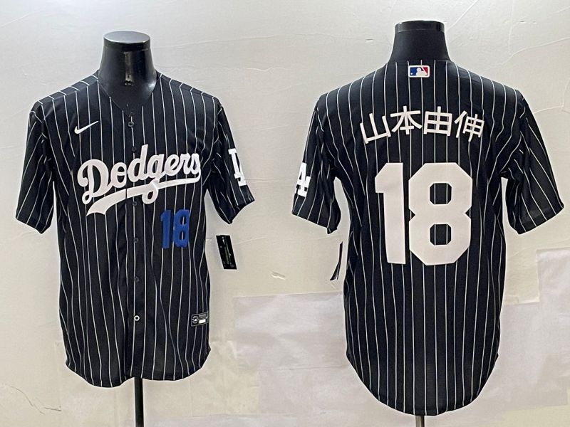 Men Los Angeles Dodgers 18 Yamamoto Black Stripe Jointly Name 2025 Nike MLB Jersey style 15